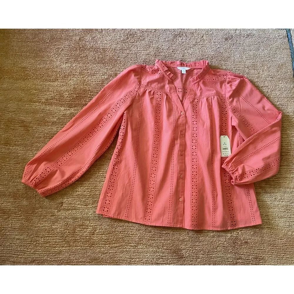Time and Tru Coral Eyelet Long Sleeve Blouse Women’s Size M